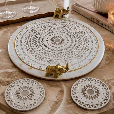 Handcrafted Mirror Mosaic Wooden Serving Tray with Coasters Set